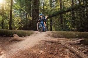 Child mountain bike rider riding over a tree log in Epping Forest
